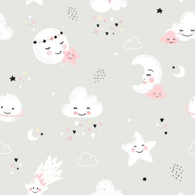 Behang Seamless pattern with cute moon, stars, clouds. Perfect for baby background, kids room wallpaper, baby shower card, fabric and wear. Nursery vector illustration.