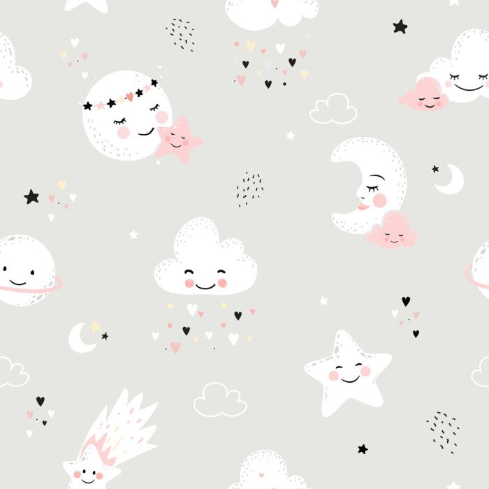 Behang Seamless pattern with cute moon, stars, clouds. Perfect for baby background, kids room wallpaper, baby shower card, fabric and wear. Nursery vector illustration.