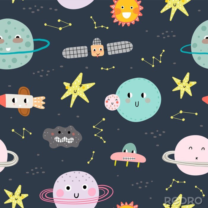 Behang Seamless pattern with cute planet, star and ufo. Vector illustration for children. Trendy kids vector background.