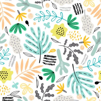 Seamless pattern with decorative plants and flowers in doodle style. Perfect for kids fabric, textile, nursery wallpaper. Scandinavian style.