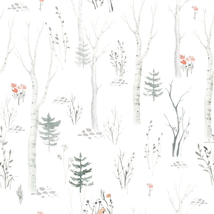 Behang Seamless pattern with delicate green Christmas Tree. Decorative background with hand painted evergreen fores tree. Winter holiday design perfect for wallpaper and scrapbooking