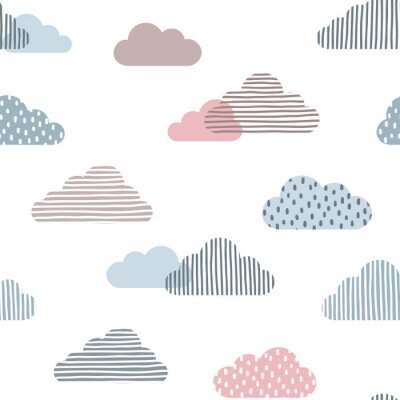 Behang Seamless pattern with doodle clouds in trendy pastel colors