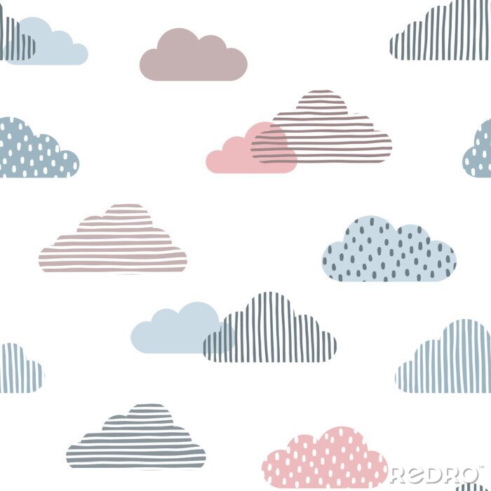 Behang Seamless pattern with doodle clouds in trendy pastel colors
