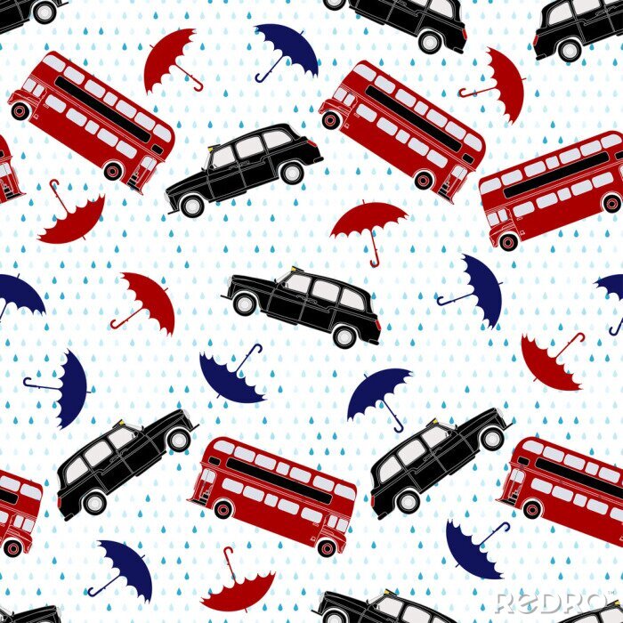 Behang Seamless pattern with double-decker buses, taxi and umbrellas un