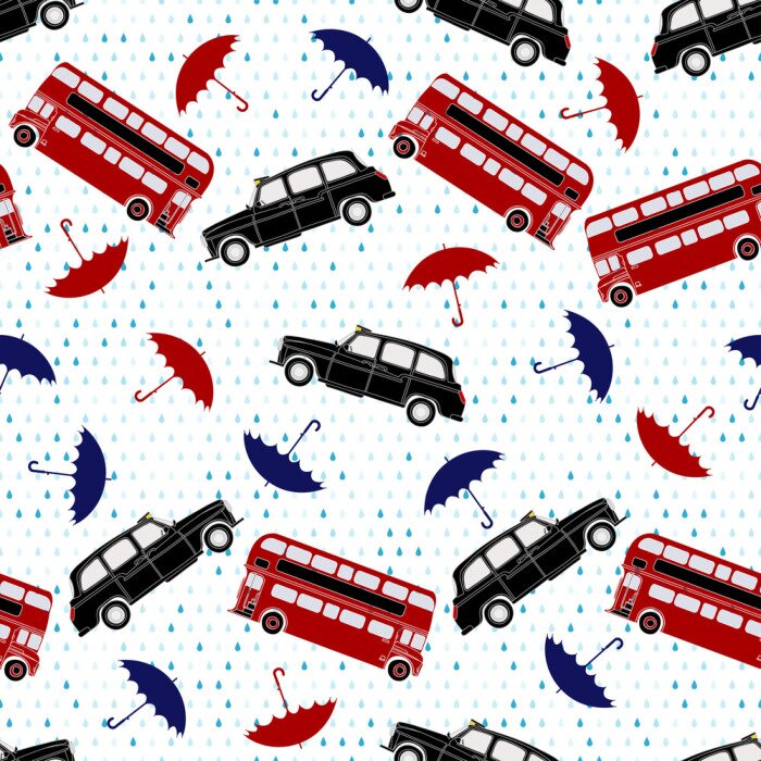 Behang Seamless pattern with double-decker buses, taxi and umbrellas un