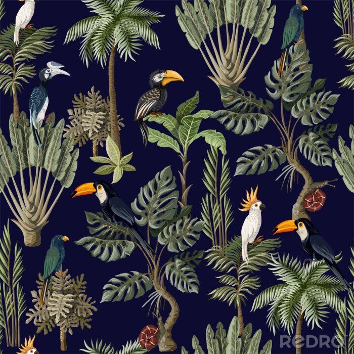 Behang Seamless pattern with exotic trees and animals. Interior vintage wallpaper.