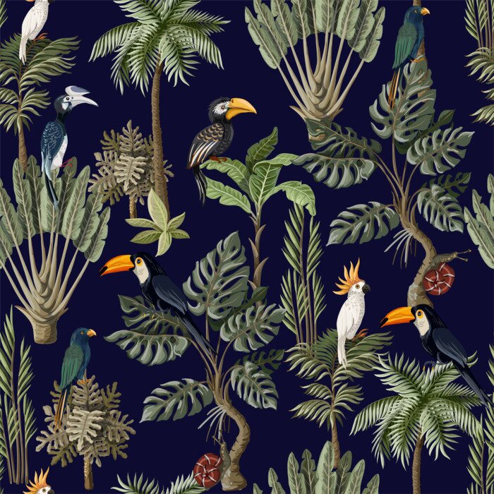 Behang Seamless pattern with exotic trees and animals. Interior vintage wallpaper.