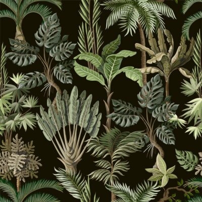 Behang Seamless pattern with exotic trees such us palm, monstera and banana. Interior vintage wallpaper.