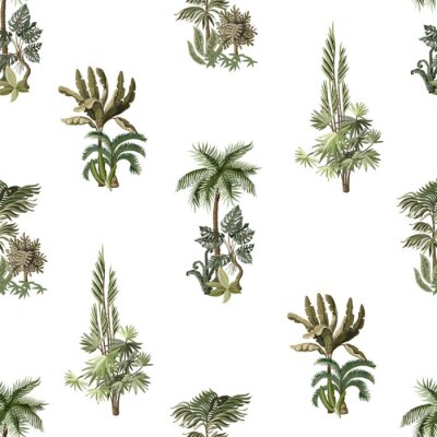 Behang Seamless pattern with exotic trees such us palm, monstera and banana. Interior vintage wallpaper