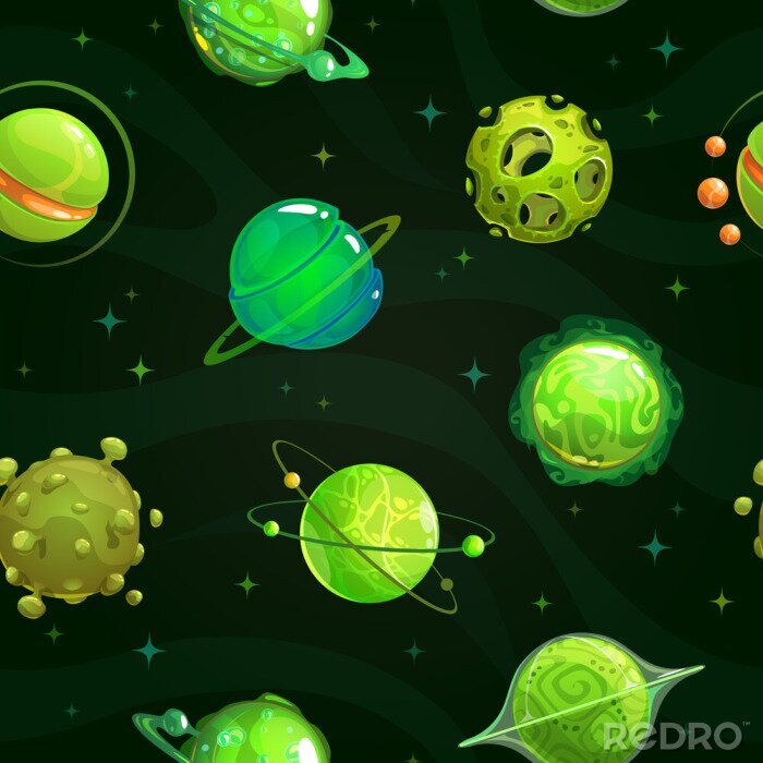 Behang Seamless pattern with fantasy green planets on space baclground.
