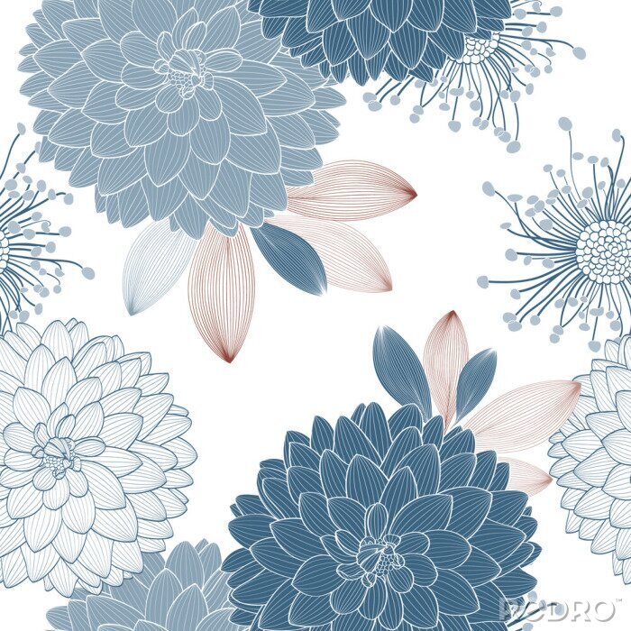 Behang Seamless pattern with flowers dahlia and abstract leaves.