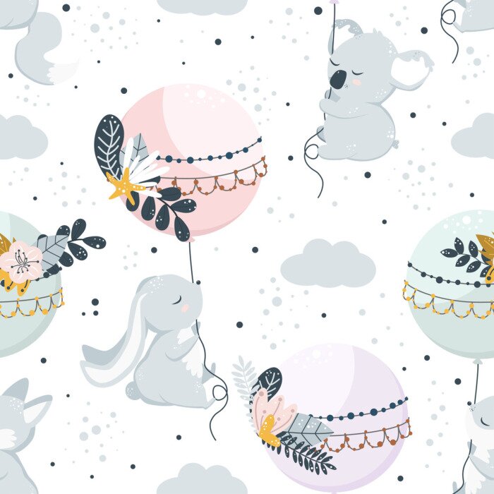 Behang seamless pattern with flying animals on balloons - vector illustration, eps