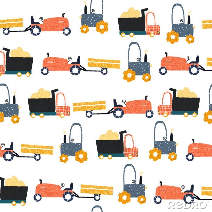 Behang Seamless pattern with funny farm transports. Kids trendy print. Vector hand drawn illustration.