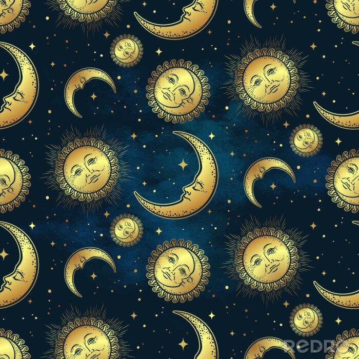 Behang Seamless pattern with gold celestial bodies - moon, sun and stars over blue night sky background. Boho chic fabric print, wrapping paper or textile design hand drawn vector illustration.