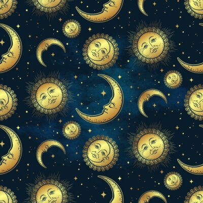 Behang Seamless pattern with gold celestial bodies - moon, sun and stars over blue night sky background. Boho chic fabric print, wrapping paper or textile design hand drawn vector illustration.