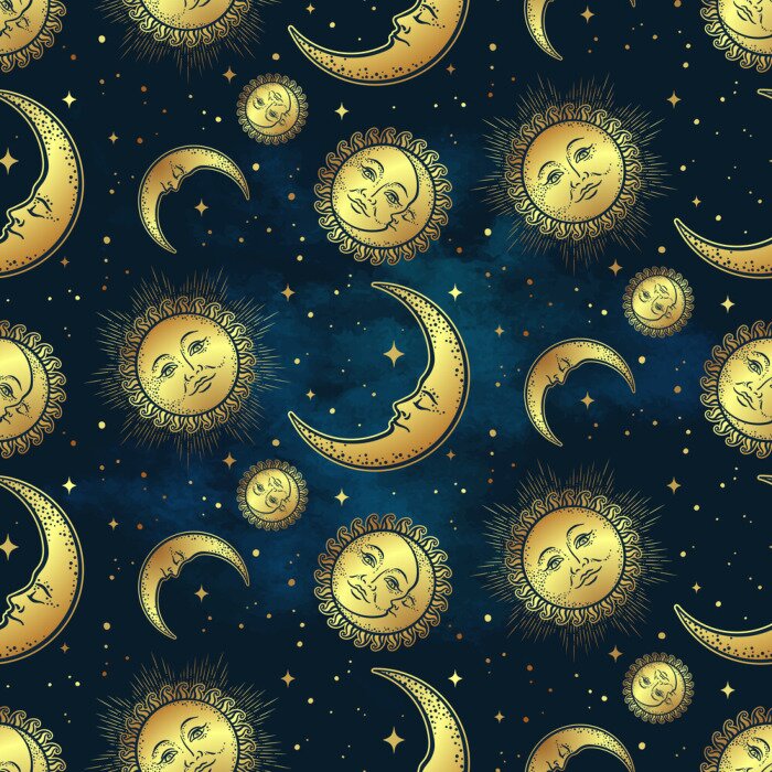 Behang Seamless pattern with gold celestial bodies - moon, sun and stars over blue night sky background. Boho chic fabric print, wrapping paper or textile design hand drawn vector illustration.
