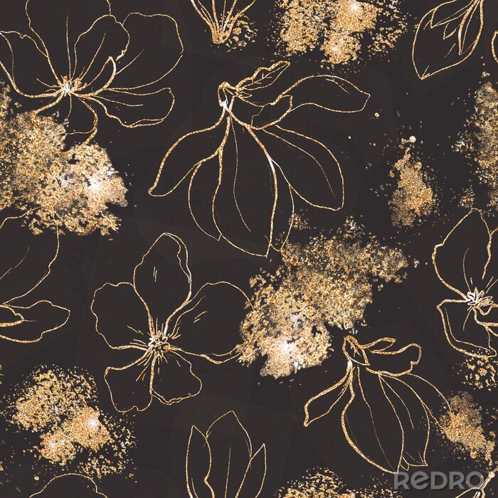 Behang Seamless pattern with golden flowers and leaves in black background.