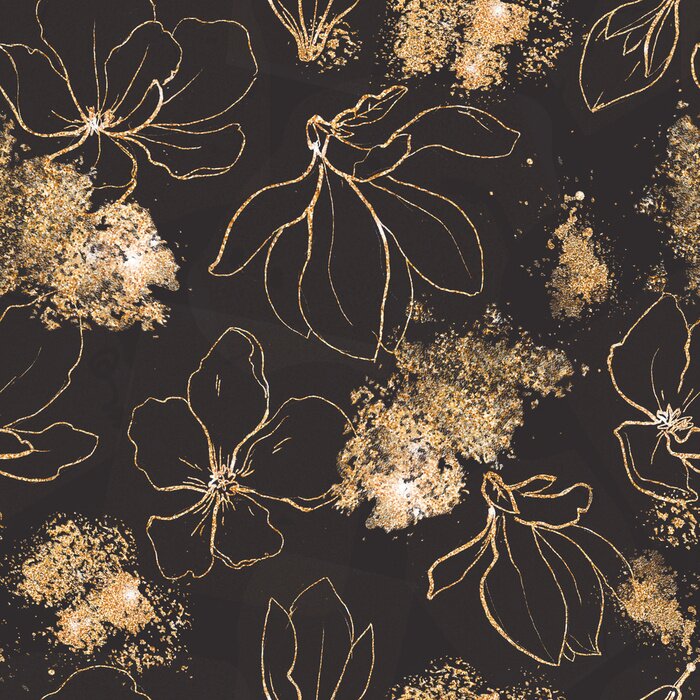 Behang Seamless pattern with golden flowers and leaves in black background.