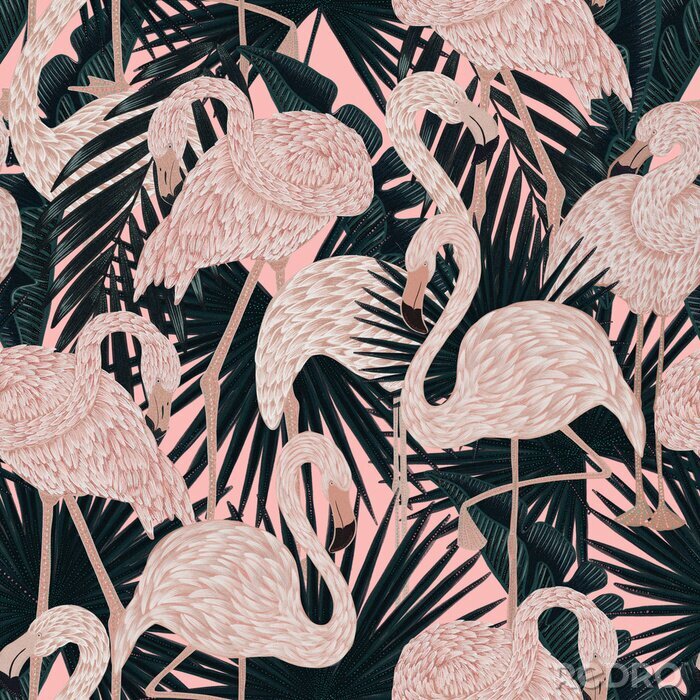 Behang seamless pattern with graceful delicate pink flamingos in emerald rich lush exotic foliage. Graphic design surface pattern. Textile design, wallpaper decor
