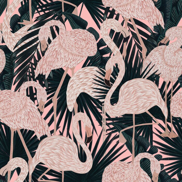 Behang seamless pattern with graceful delicate pink flamingos in emerald rich lush exotic foliage. Graphic design surface pattern. Textile design, wallpaper decor