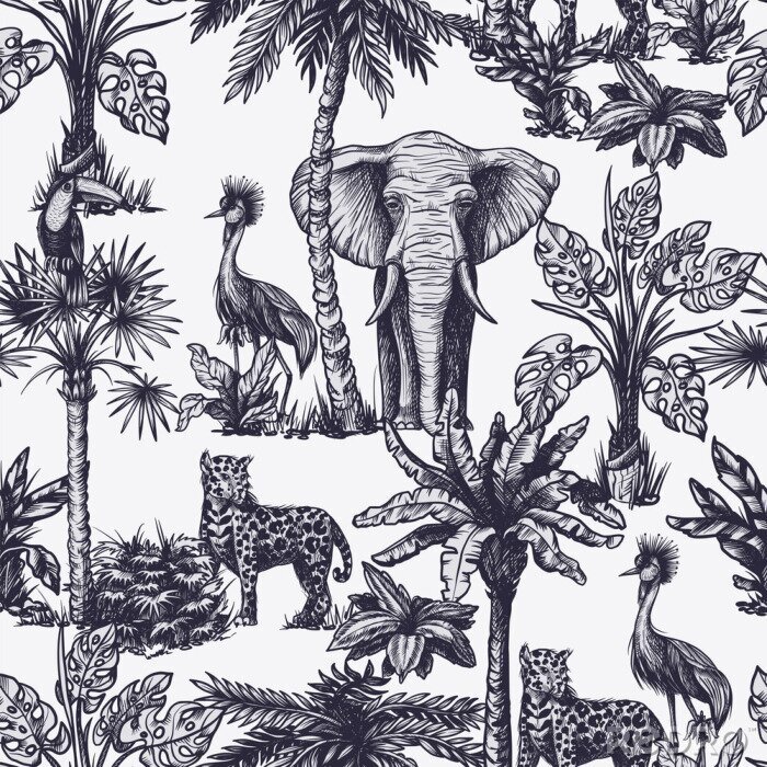 Behang Seamless pattern with graphic tropical treees and jungle animals. Vector.