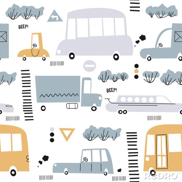 Behang Seamless pattern with hand drawn cute car. Perfect for kids fabric,textile,nursery wallpaper.