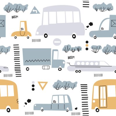 Behang Seamless pattern with hand drawn cute car. Perfect for kids fabric,textile,nursery wallpaper.