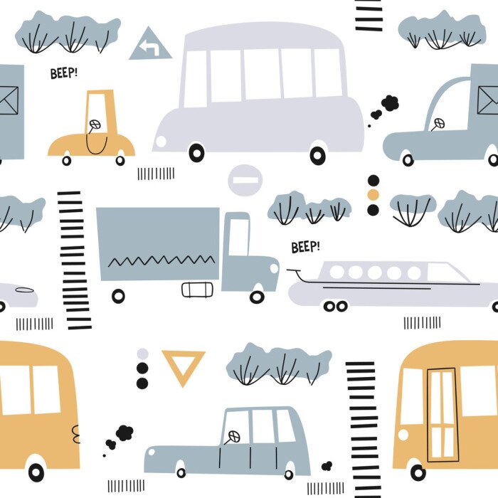 Behang Seamless pattern with hand drawn cute car. Perfect for kids fabric,textile,nursery wallpaper.