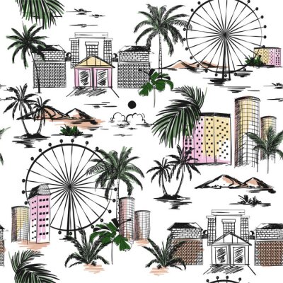 Behang Seamless pattern with hand drawn doodle city summer mood with beach vibes palm trees and mountain Vector illustration of urban vacation , design for card, posters, textile prints, covers,