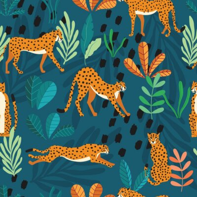 Behang Seamless pattern with hand drawn exotic big cat cheetahs, with tropical plants and abstract elements on dark green background. Colorful flat vector illustration