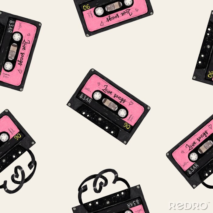 Behang Seamless pattern with hand drawn sketch audio tapes with love songs and heart tapes in retro 80s style on beige background. Best for valentines day wrapping, love cards