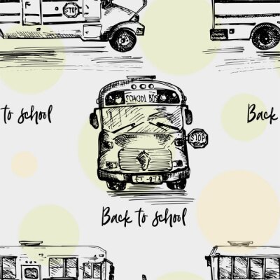 Behang Seamless pattern with hand-drawn sketch bus, isolated background Back to school theme, education concept Black and white vintage illustration. Graphic art element for textile design, wallpaper
