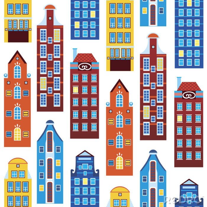 Behang Seamless pattern with houses of amsterdam or europe isolated on white background for printing on fabric or textile, flat vector stock illustration with old houses