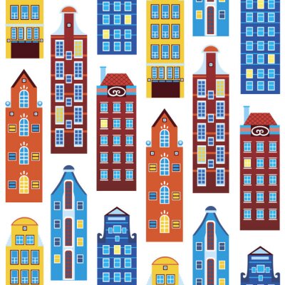 Behang Seamless pattern with houses of amsterdam or europe isolated on white background for printing on fabric or textile, flat vector stock illustration with old houses