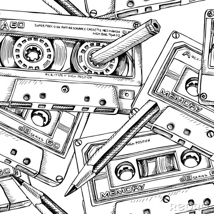 Behang Seamless pattern with image of a Audio Cassette and a pencil. Vector black and white illustration.