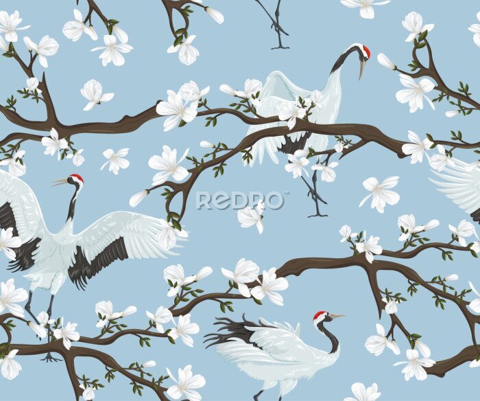 Behang Seamless pattern with japanese cranes and magnolia