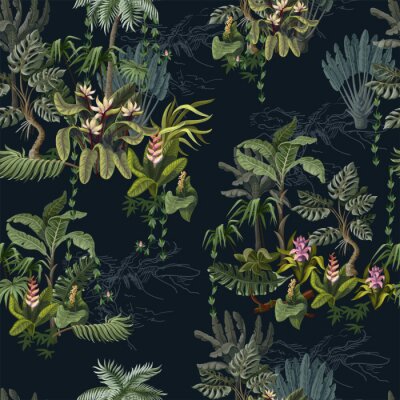 Seamless pattern with jungle trees and flowers. Vector.