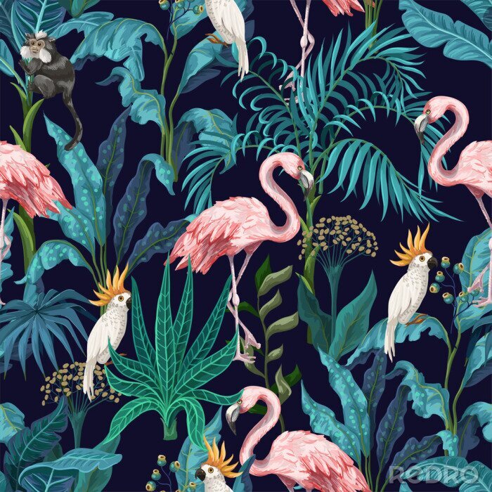 Behang Seamless pattern with jungle trees, flamingo and parrots. Vector.