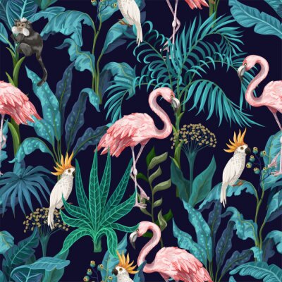 Behang Seamless pattern with jungle trees, flamingo and parrots. Vector.