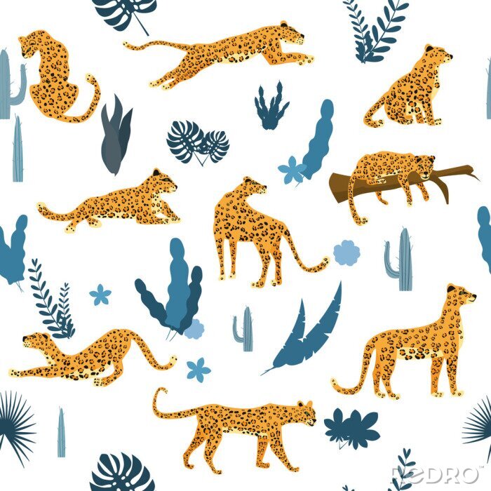 Behang Seamless pattern with leopards in different poses with tropical leaves, plants, mammal, predator, jungle
