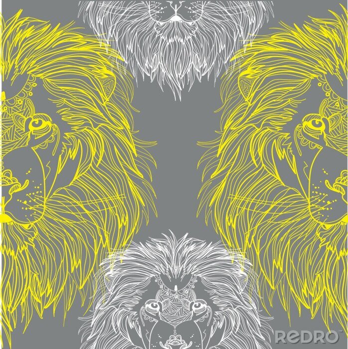 Behang Seamless pattern with lions. Doodling, mandala. Drawing manually. Stylish background. A dangerous predator, a noble animal, a great mane.