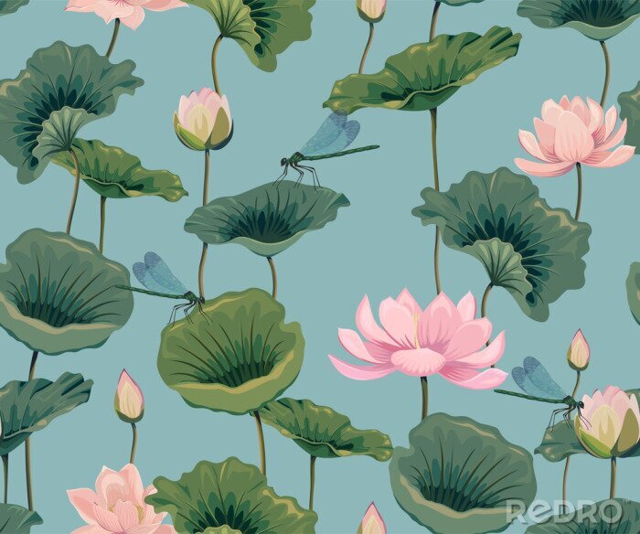 Behang seamless pattern with lotuses and dragonflies