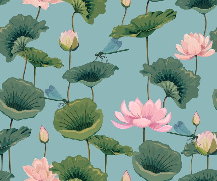 Behang Seamless pattern with lotuses and dragonflies