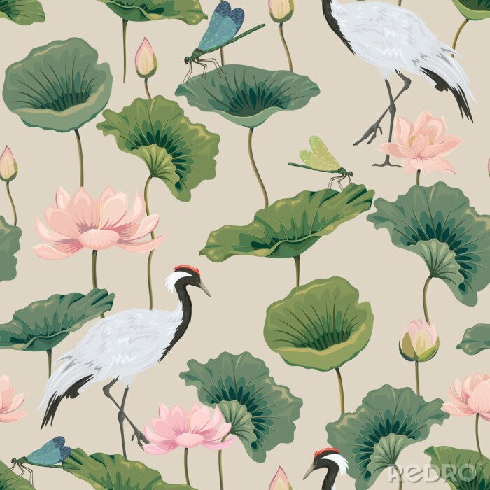 Behang seamless pattern with lotuses and Japanese cranes