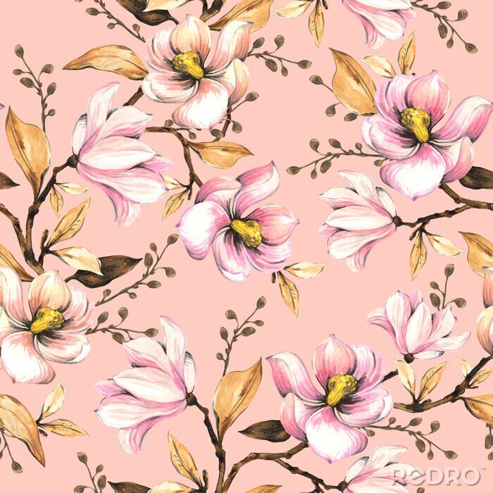 Behang Seamless pattern with magnolias. Floral illustration . Hand drawing, watercolor.  Design wallpaper, fabric and packaging