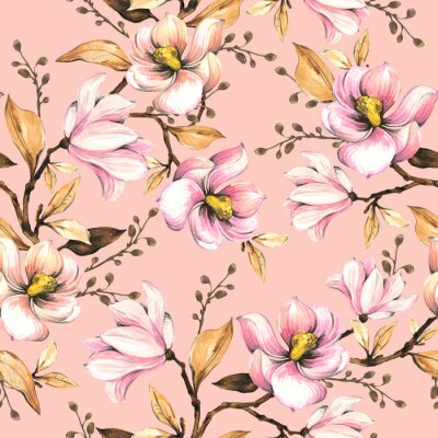 Behang Seamless pattern with magnolias. Floral illustration . Hand drawing, watercolor.  Design wallpaper, fabric and packaging