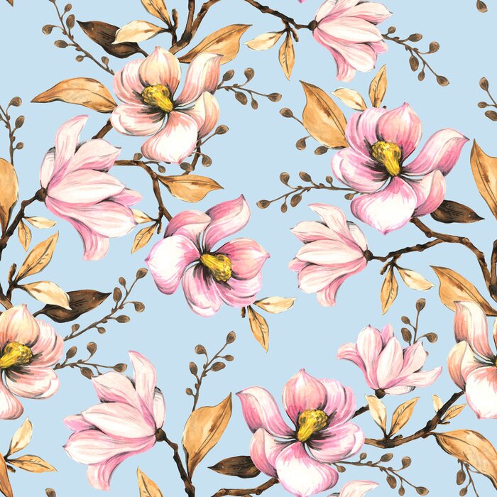Behang Seamless pattern with magnolias. Floral illustration . Hand drawing, watercolor.  Design wallpaper, fabric and packaging