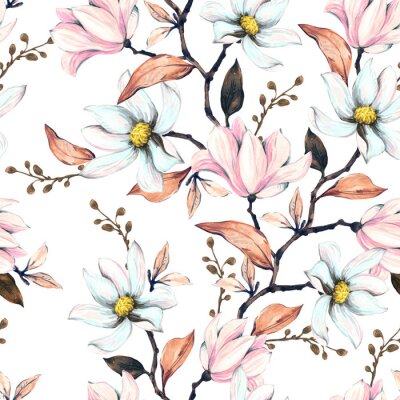 Behang Seamless pattern with magnolias. Floral illustration on a white background. Hand drawing, watercolor.  Design wallpaper, fabric and packaging