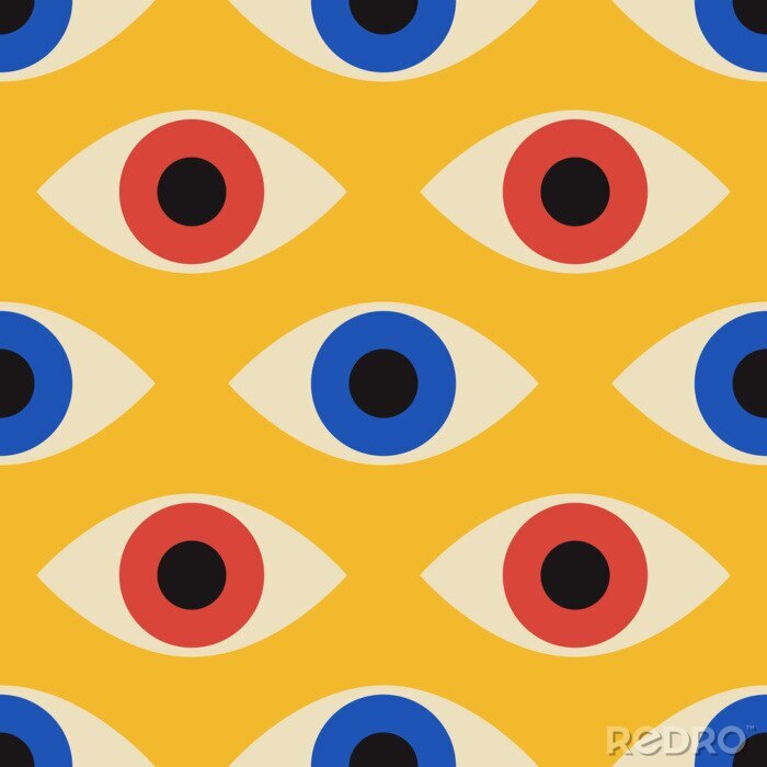 Behang Seamless pattern with minimal 20s geometric design with eyes, vector template with primitive shapes elements