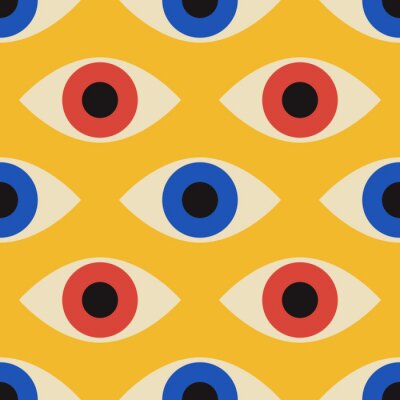 Behang Seamless pattern with minimal 20s geometric design with eyes, vector template with primitive shapes elements